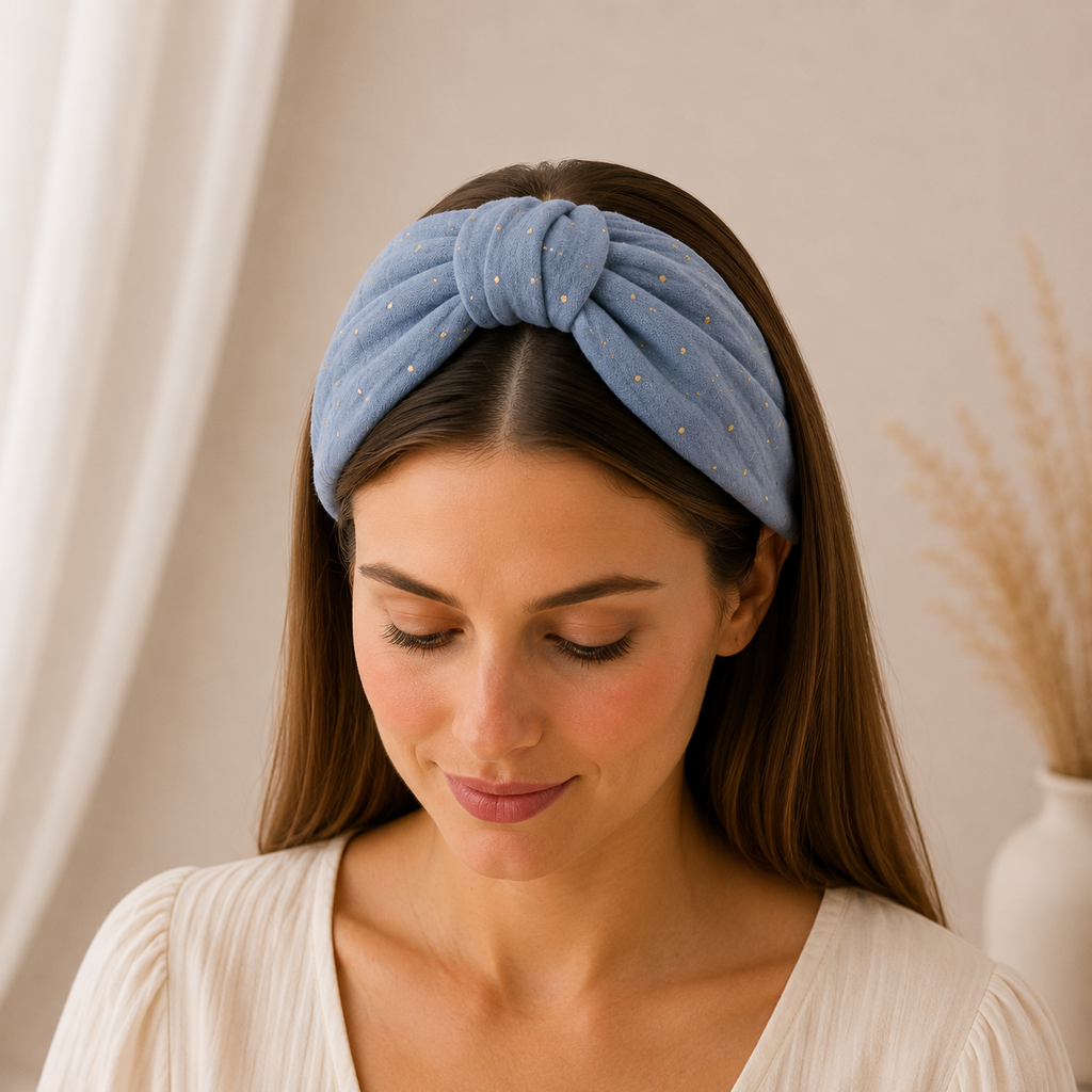 Lunaria Sky – Gepolsterter Luxus-Haarreif mit Knoten aus Stoff in Hellblau mit goldenen Akzenten