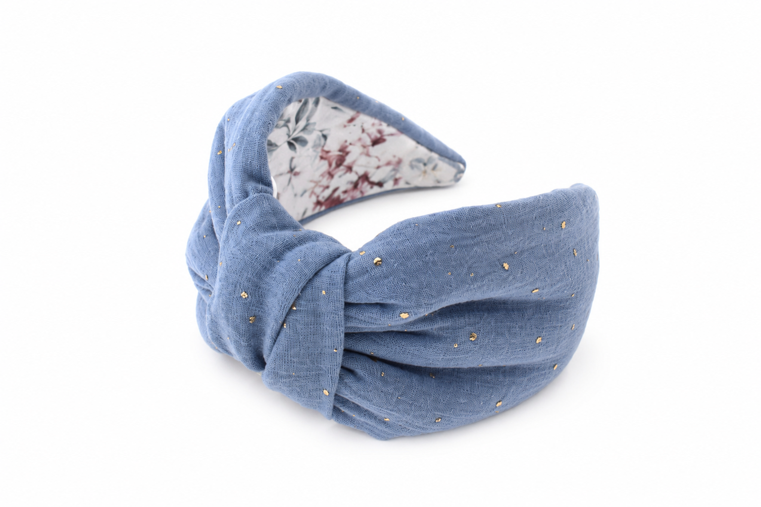 Lunaria Sky – Gepolsterter Luxus-Haarreif mit Knoten aus Stoff in Hellblau mit goldenen Akzenten