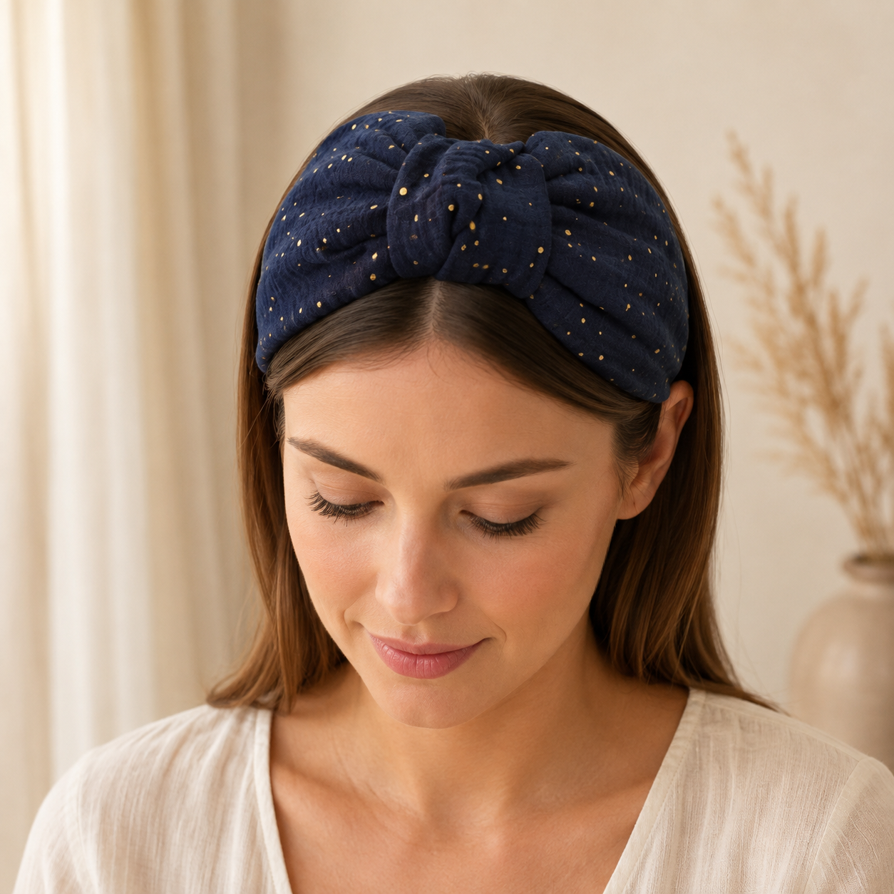 Nuit Dorée – Gepolsterter Luxus-Haarreif mit Knoten aus Baumwolle in Navy & Gold