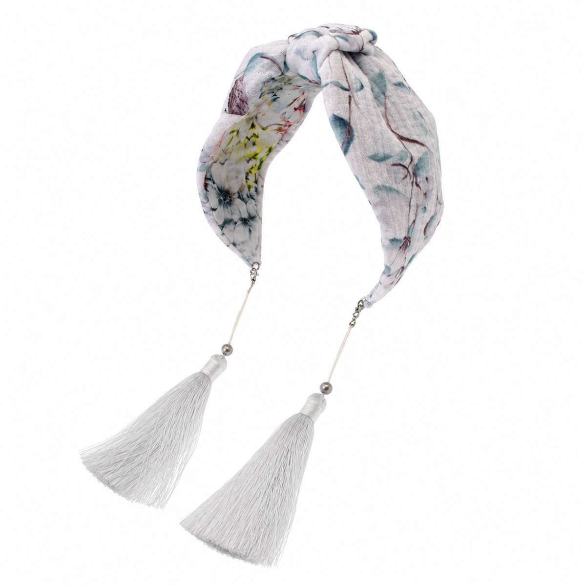 Florence Mist – Gepolsterter Luxus-Haarreif mit Knoten aus floraler Baumwolle & Quasten
