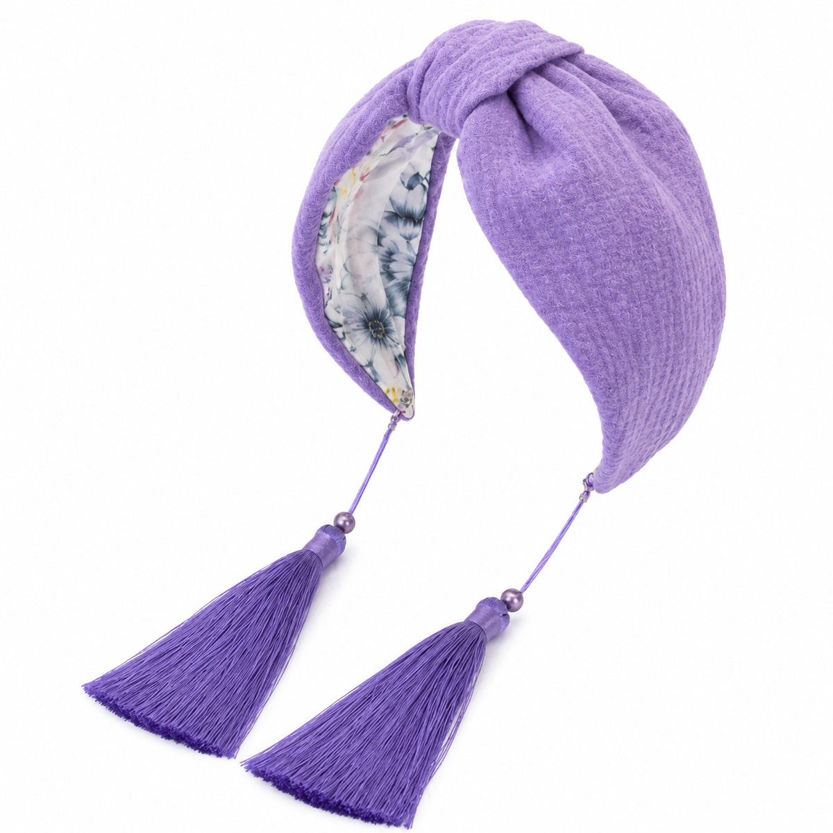 Violette Bloom – Gepolsterter Luxus-Haarreif mit Knoten aus violetter Baumwolle & Quasten