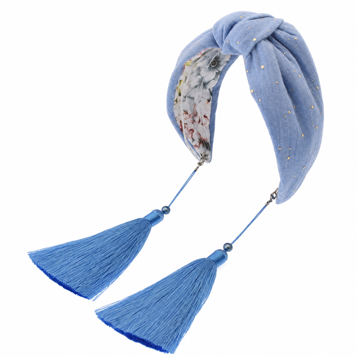 Ciel Doré – Gepolsterter Luxus-Haarreif mit Knoten aus hellblauer Baumwolle & Quasten