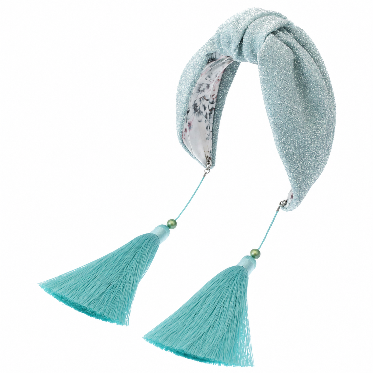 Éclat Aqua – Gepolsterter Luxus-Haarreif mit Knoten aus schimmerndem Polyester & Quasten