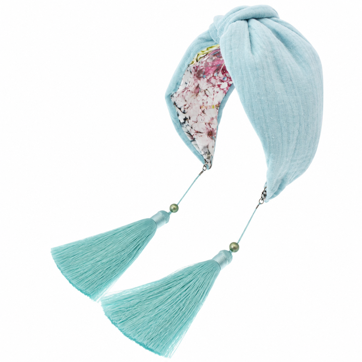 Aurelia Aqua – Gepolsterter Luxus-Haarreif mit Knoten aus hellblauer Baumwolle & Quasten