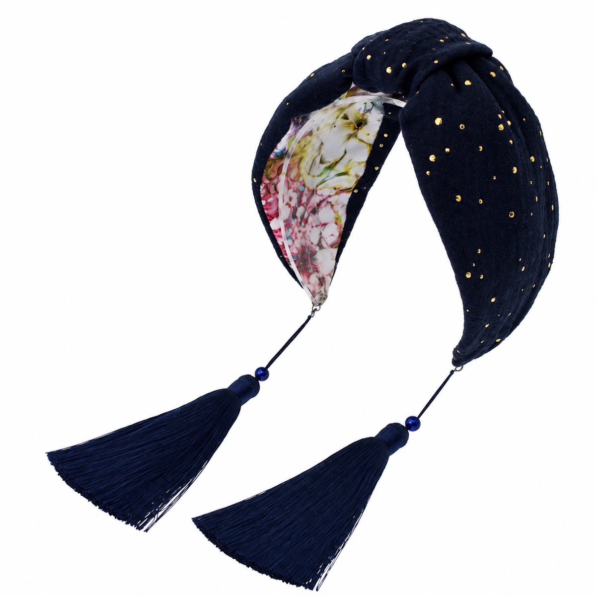 Nuit Dorée – Gepolsterter Luxus-Haarreif mit Knoten aus dunkelblauer Baumwolle, Goldakzenten & Quasten