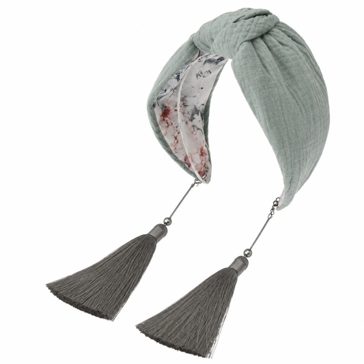 Sage Élégance – Gepolsterter Luxus-Haarreif mit Knoten aus salbeigrüner Baumwolle & Quasten