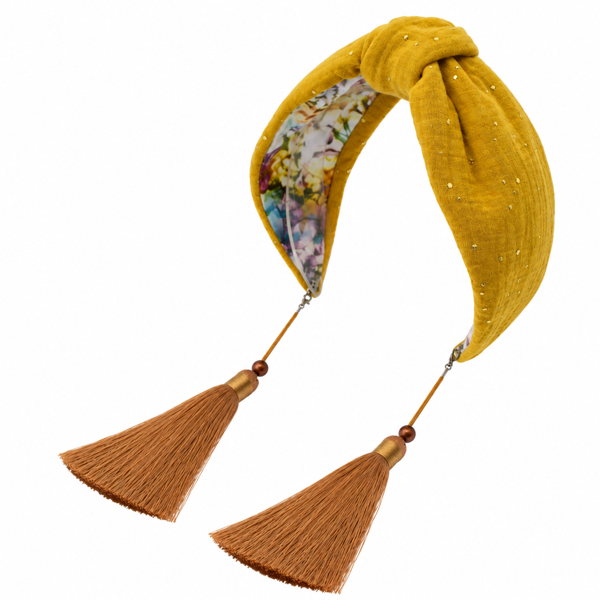 Soleil Doré – Gepolsterter Luxus-Haarreif mit Knoten aus senfgelber Baumwolle, Goldakzenten & Quasten