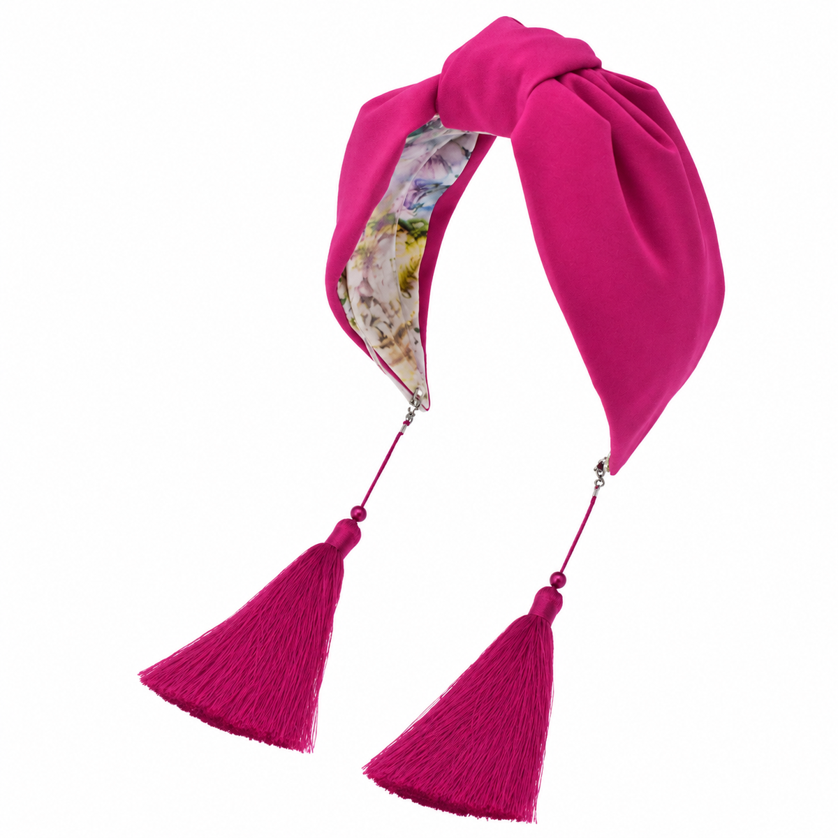 Amélie Fuchsia – Gepolsterter Luxus-Haarreif mit Knoten aus pinkem Polyester & Quasten