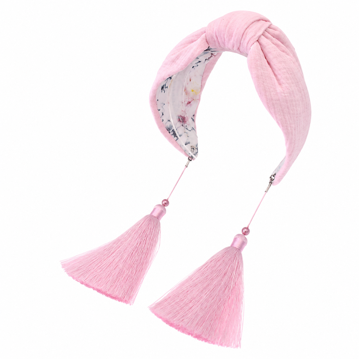 Émilie Rose – Gepolsterter Luxus-Haarreif mit Knoten aus rosa Baumwolle & Quasten